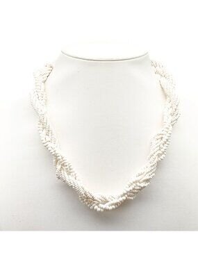 Vintage White Beaded Multi-Strand Torsade Necklace with Gold-Tone Clasp Braided